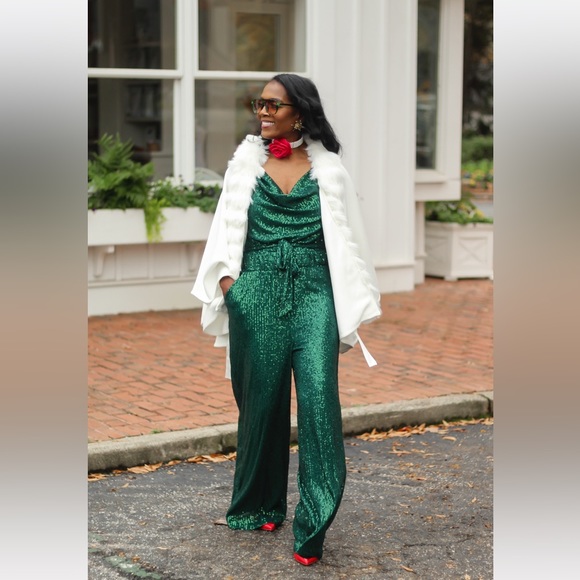 Boston Proper Sequin Cowl Neck Jumpsuit in Deep Emerald- Worn Once for pics - Picture 4 of 9